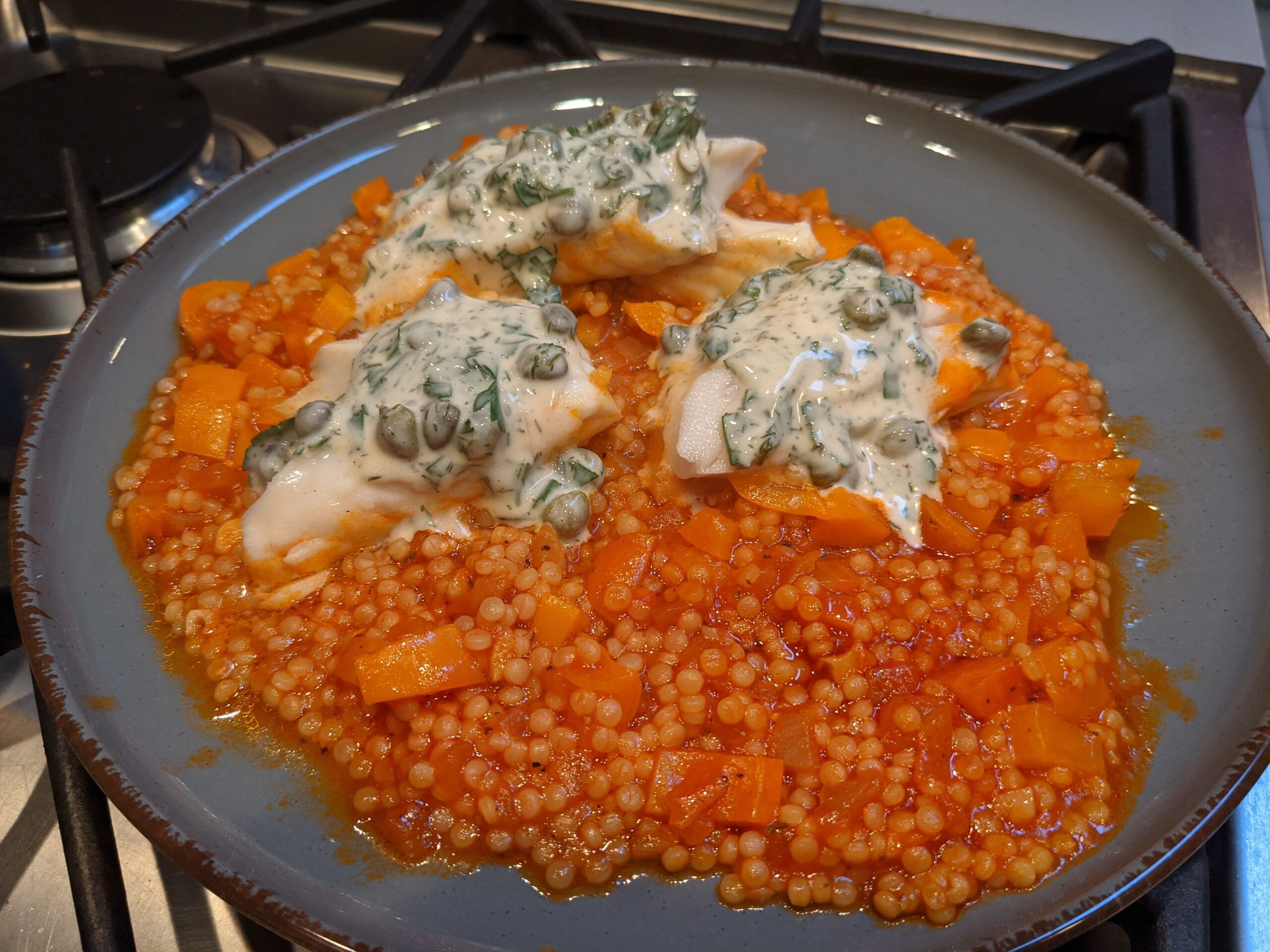 Recette de Couscous perlé aux légumes façon pilaf et filet d’églefin